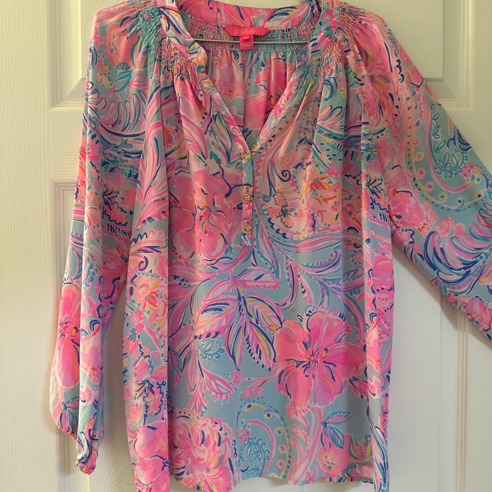 Lilly Pulitzer Vibrant Pink and Blue Floral Blouse